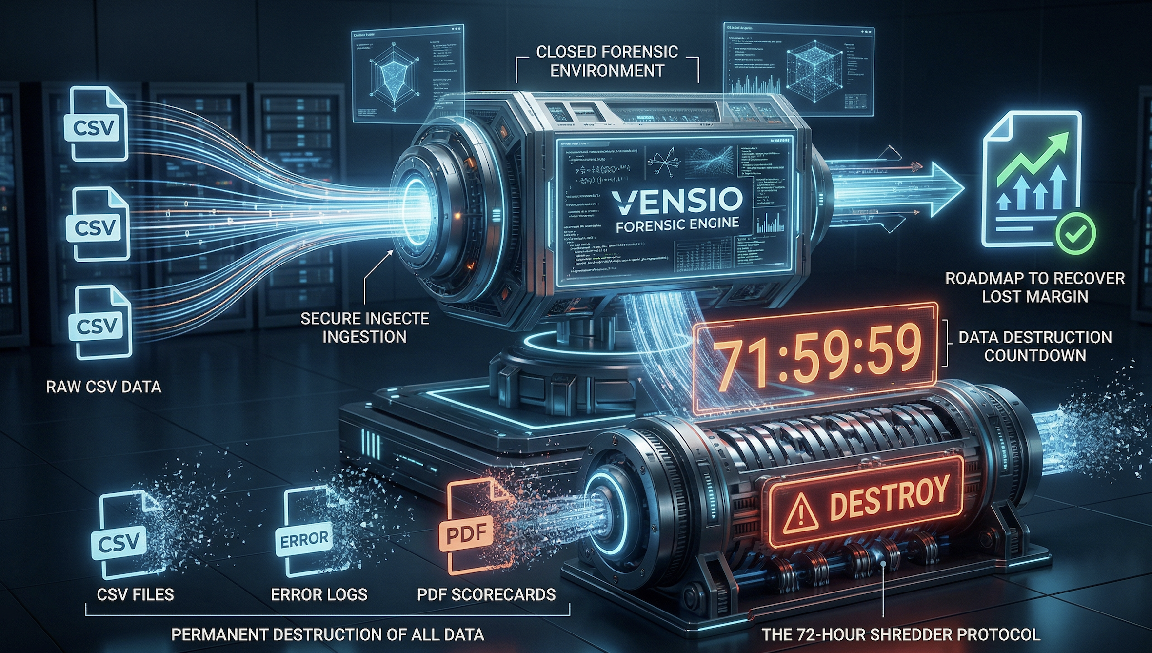 Vensio forensic engine securely processing CSV data before permanent destruction